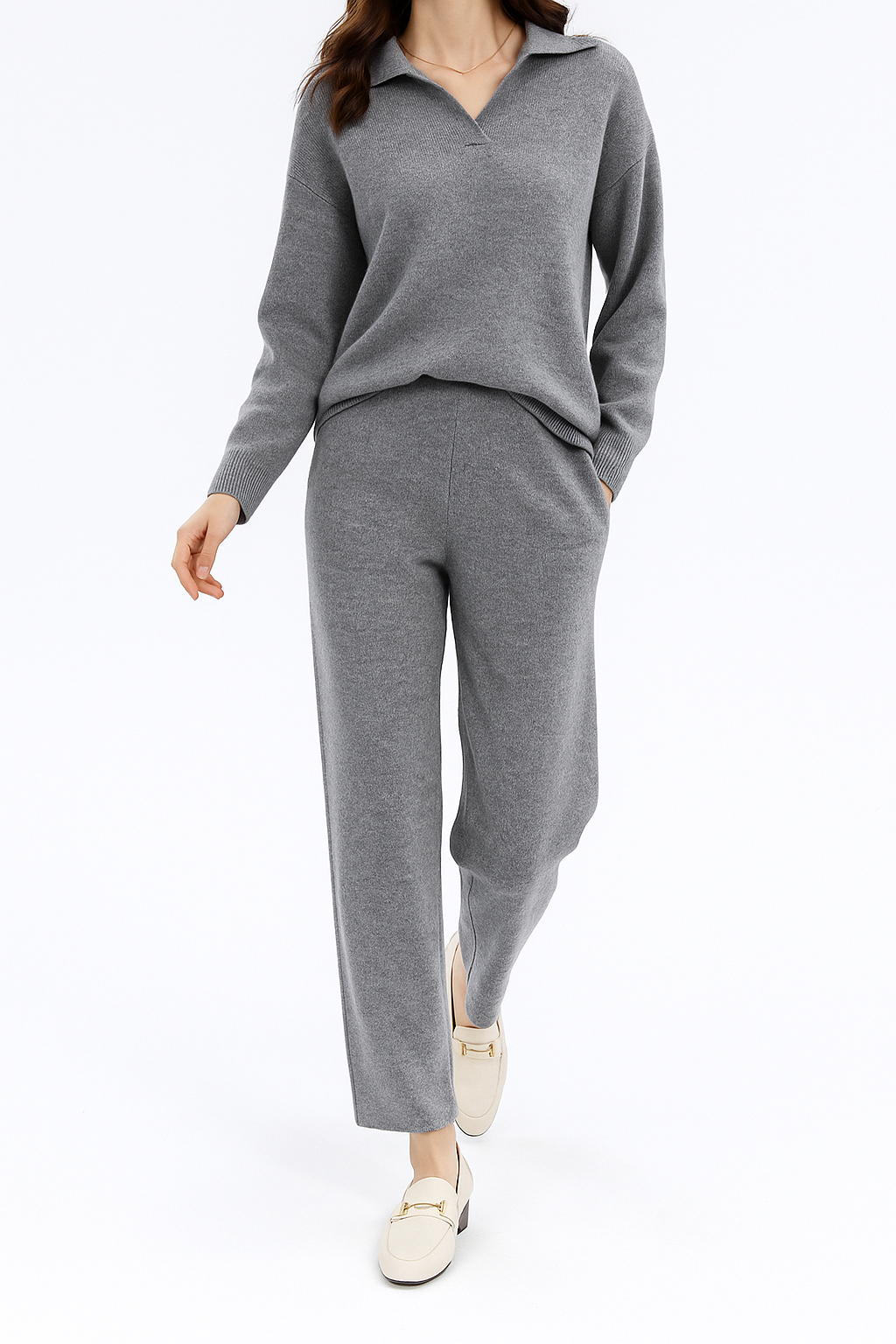 Close-up of the women's knit polo top texture, cashmere blend for soft, cozy wear