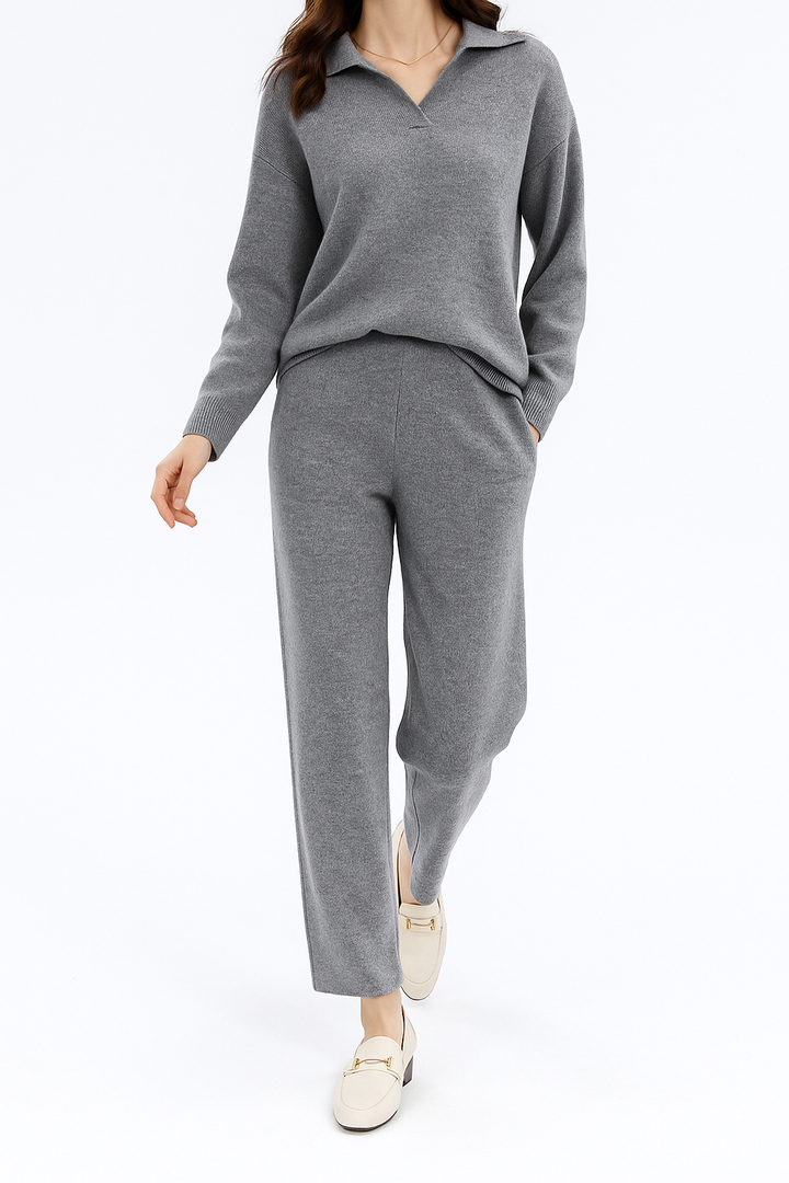 Close-up of the women's knit polo top texture, cashmere blend for soft, cozy wear