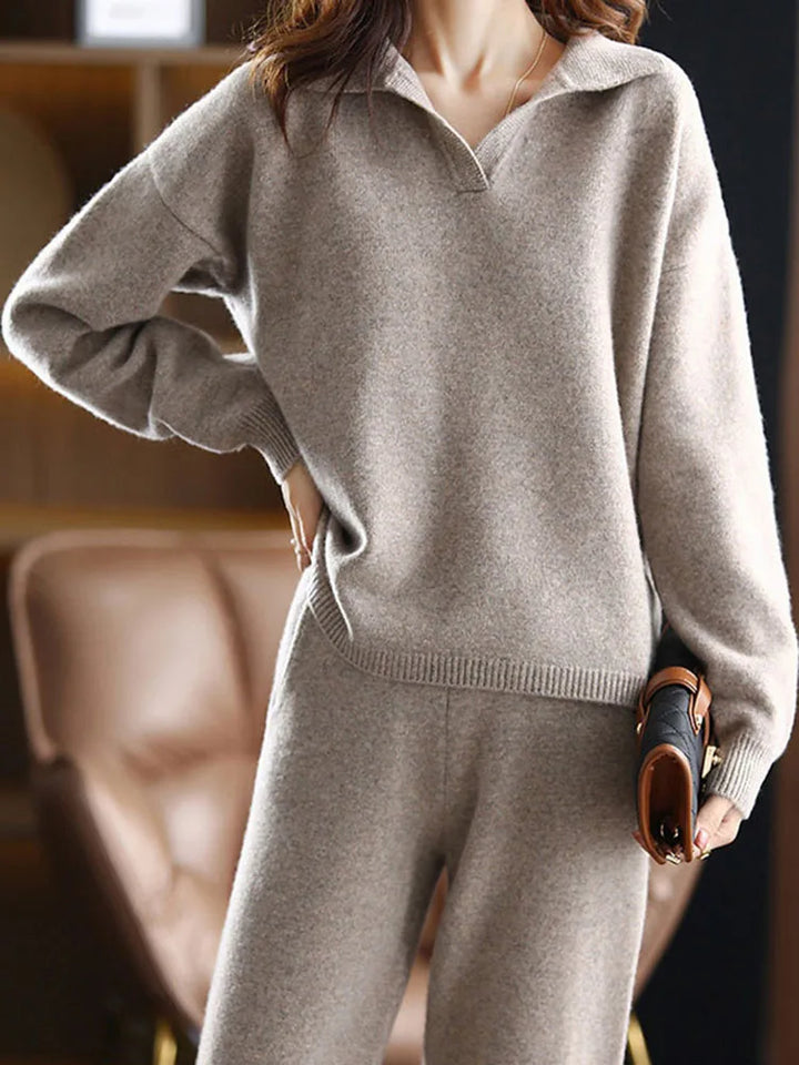 Women's knitwear lounge set in a neutral color, polo top & harem pants, ideal for at-home chic