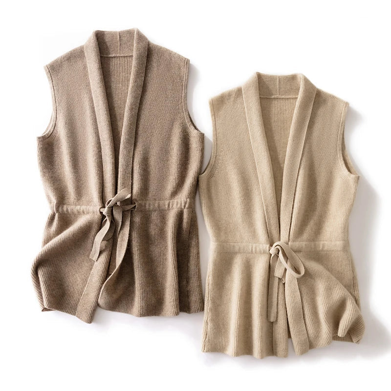 Three-quarter view of a women's belted knit vest, cashmere blend, winter ready