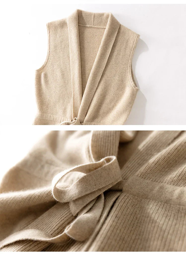 Comfortable women's cashmere blend knit vest, belted, for effortless style