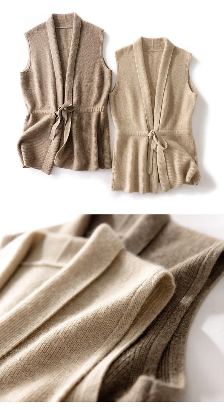 Relaxed fit women's knit vest, cashmere blend, with an adjustable belt detail