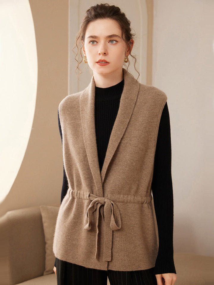 Modern women's fashion: cashmere blend knit vest, belted, for a refined look