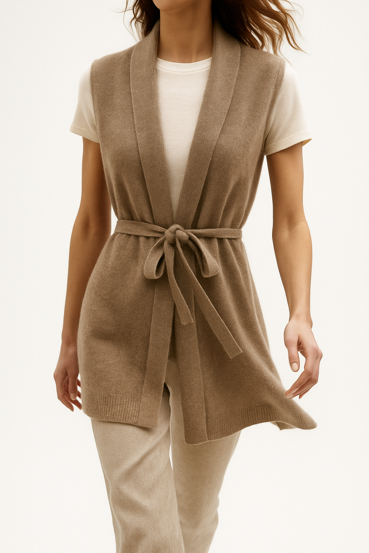 Soft cream cashmere blend belted knit vest, a stylish women's layering piece