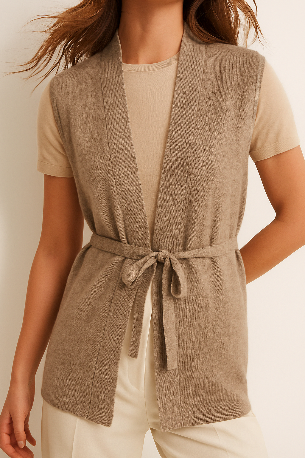 Side profile of a women's cashmere blend knit vest, featuring a tie belt
