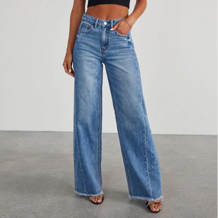 Women's casual blue wide-leg high-waisted jeans, perfect for a relaxed yet stylish look.