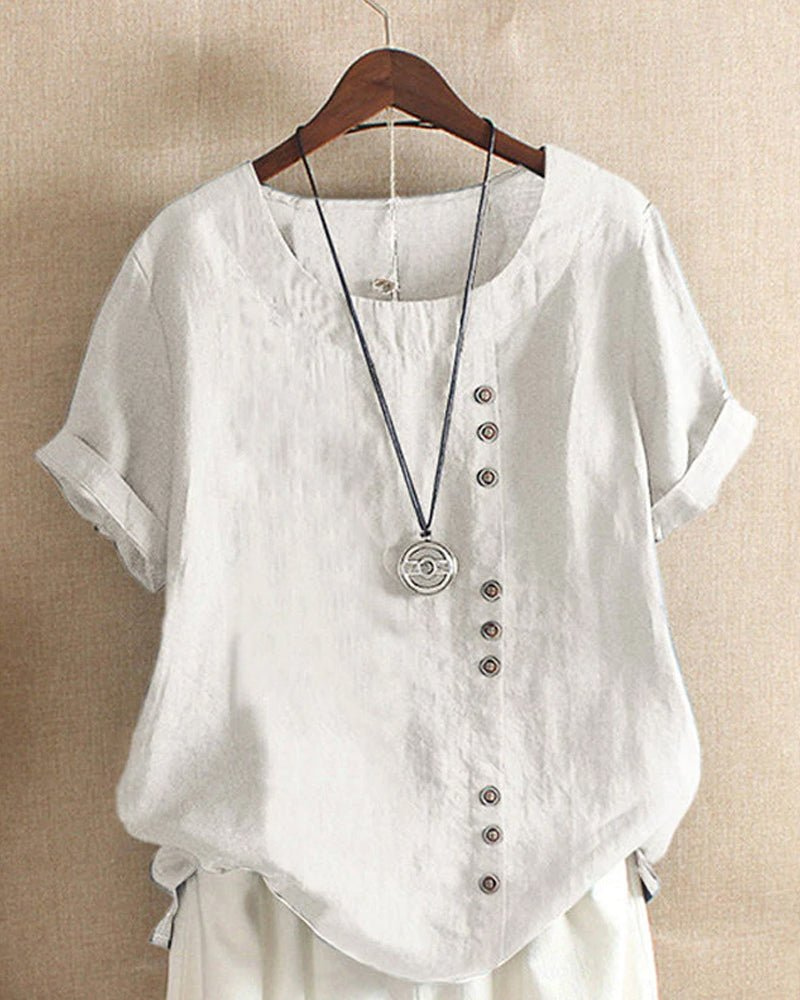 Women's casual button-front tunic top with short sleeves & round neck, perfect for summer effortless style.
