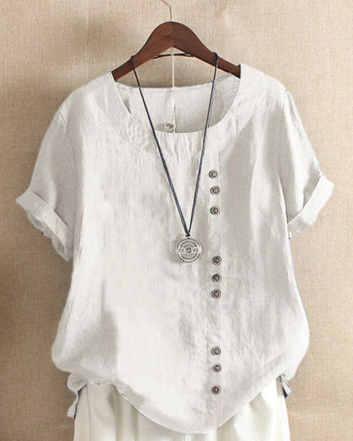 Women's casual button-front tunic top with short sleeves & round neck, perfect for summer effortless style.