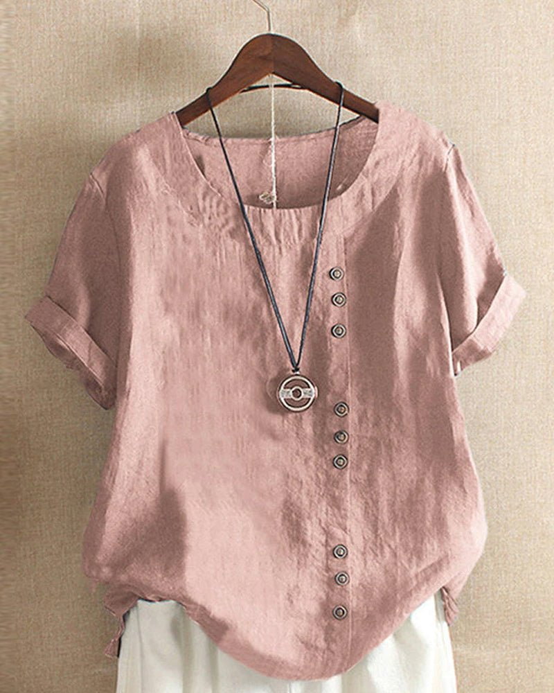 Effortless women's casual tunic shirt, button-front with short sleeves, ideal for comfy spring/summer fashion.