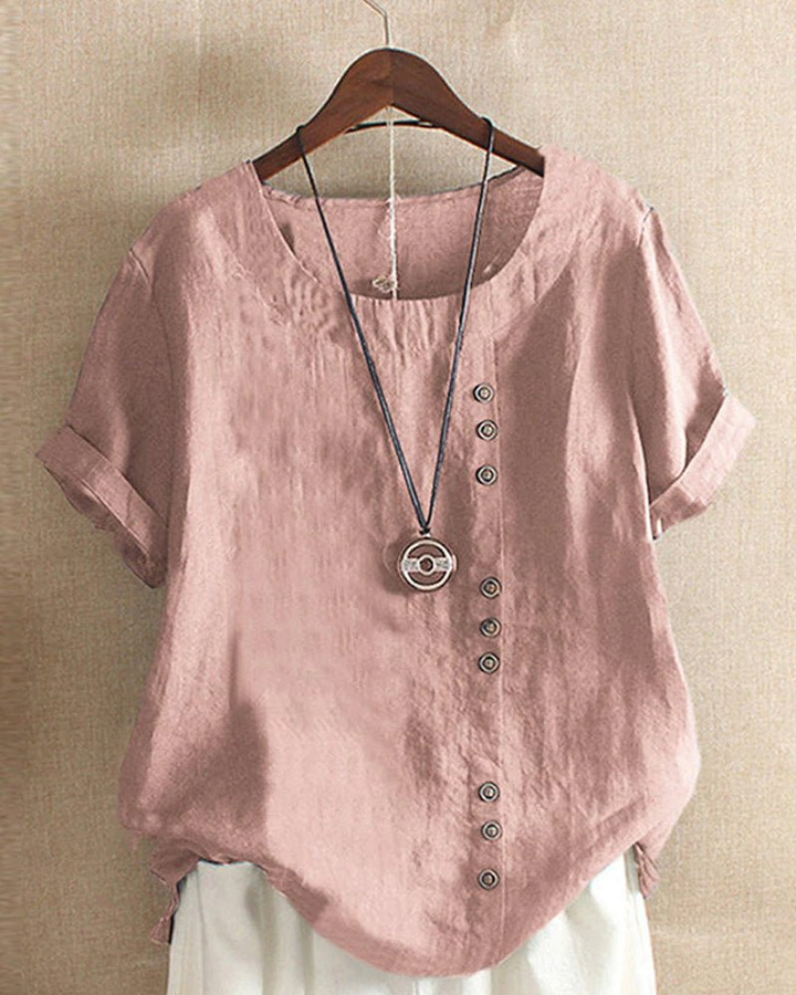 Effortless women's casual tunic shirt, button-front with short sleeves, ideal for comfy spring/summer fashion.