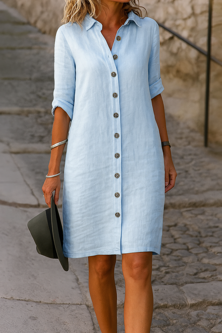 Women's knee-length casual collared shirt dress, versatile roll tab sleeves, button front.
