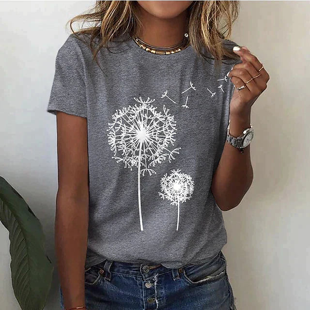 Women's casual crew neck t-shirt with a whimsical dandelion graphic print, perfect for summer everyday wear.