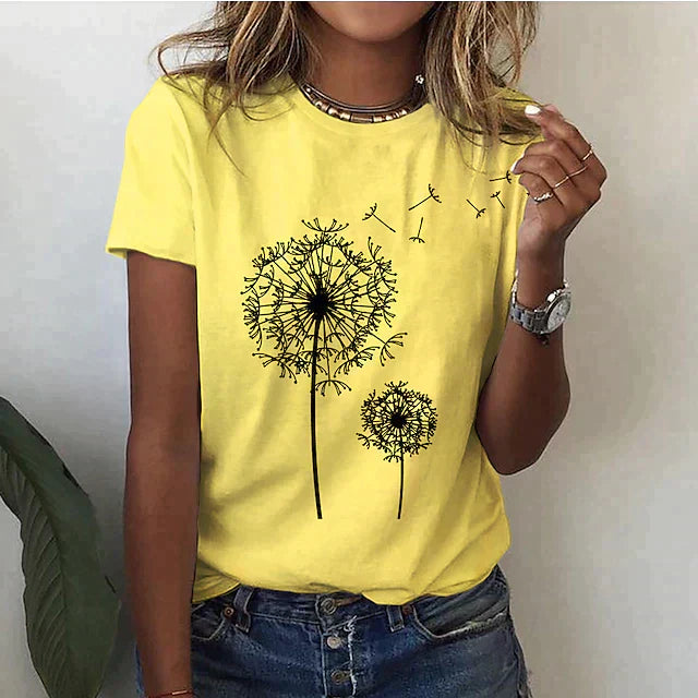 Soft women's short sleeve graphic tee with a charming dandelion print. Ideal casual top for summer fashion.