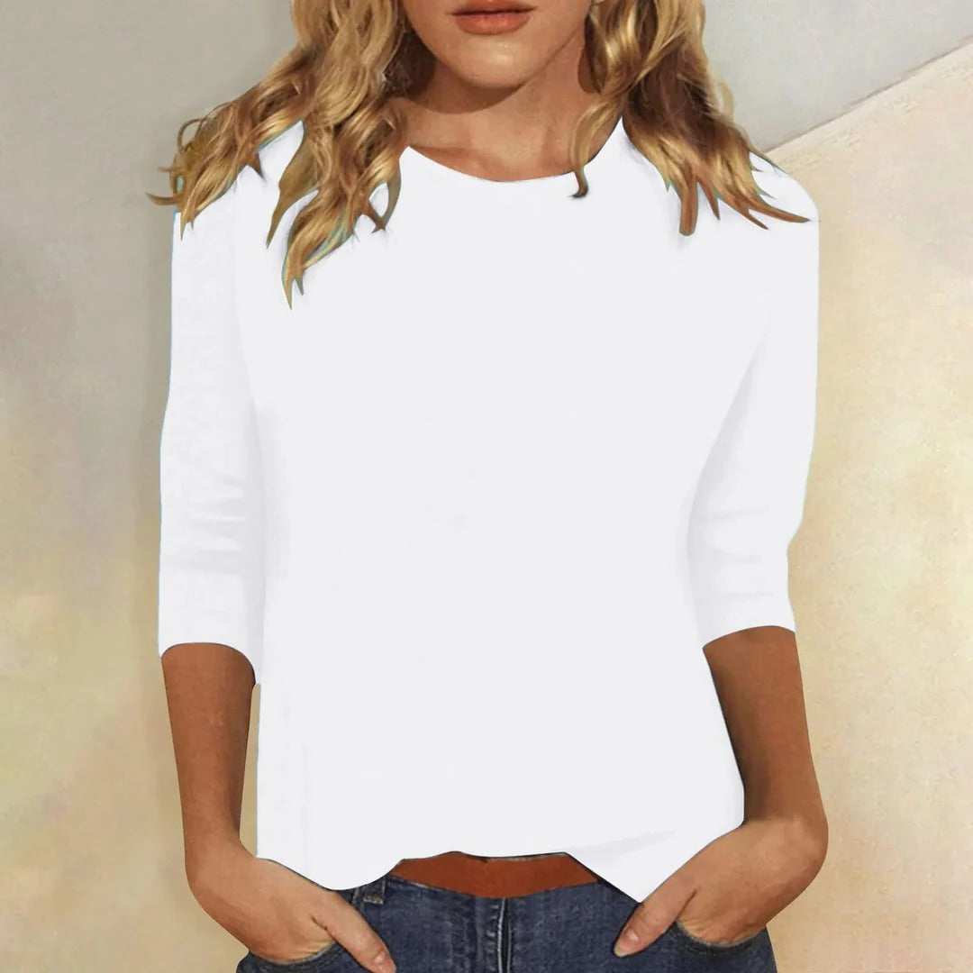 Comfortable women's relaxed fit 3/4 sleeve crew neck top, ideal for casual everyday wear and lounging.