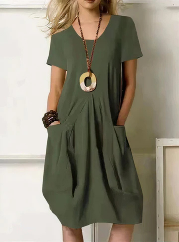 Stylish women's short sleeve midi dress, featuring a gathered waist & convenient pockets for casual wear in army green.