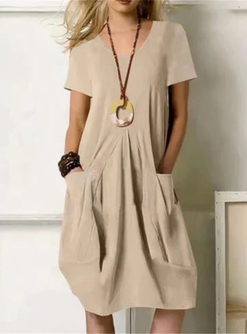 Versatile women's casual midi dress with pockets & gathered detail, great for comfortable summer daily wear in beige.