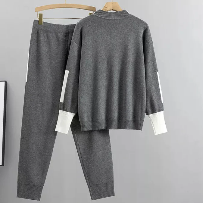 Two-piece women's loungewear set featuring a cozy knit sweater and matching jogger pants for casual wear