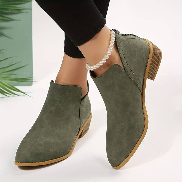 Women's casual low heel slip-on ankle boots, perfect for comfortable everyday fall and winter wear.