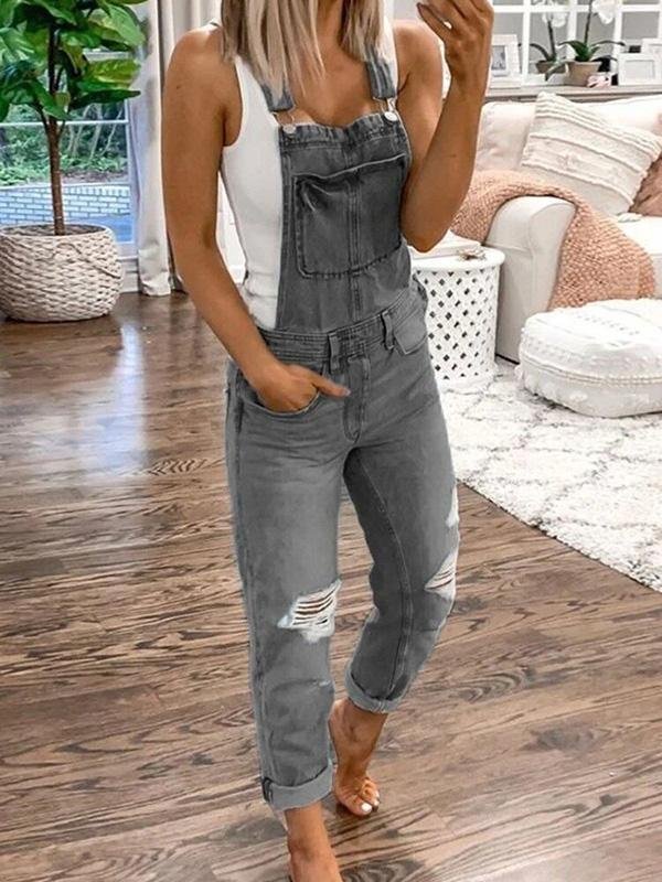 Fashionable women's casual ripped jumpsuit with straps, a comfortable and chic choice for warm weather.