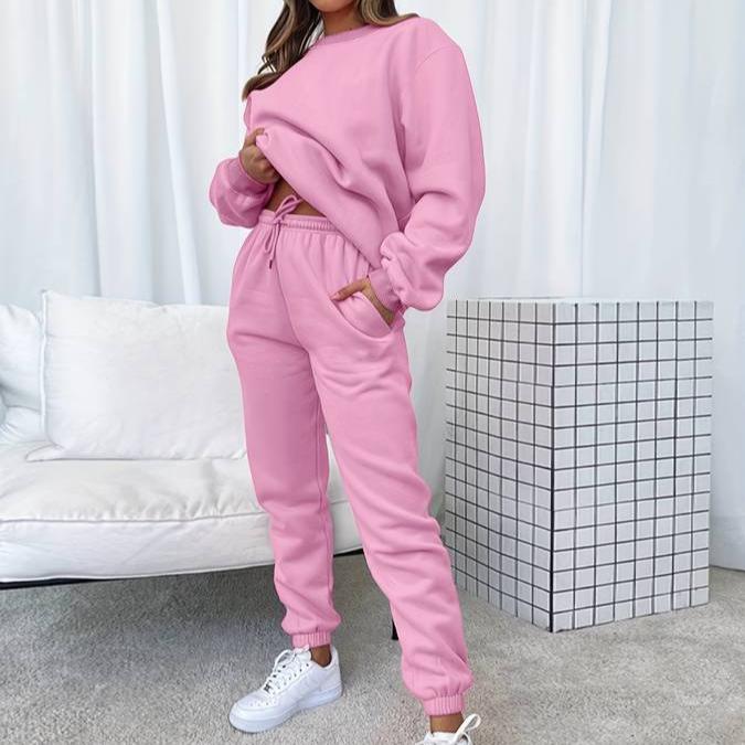 Front view of women's fashion jogger and sweatshirt set, ideal for casual loungewear.