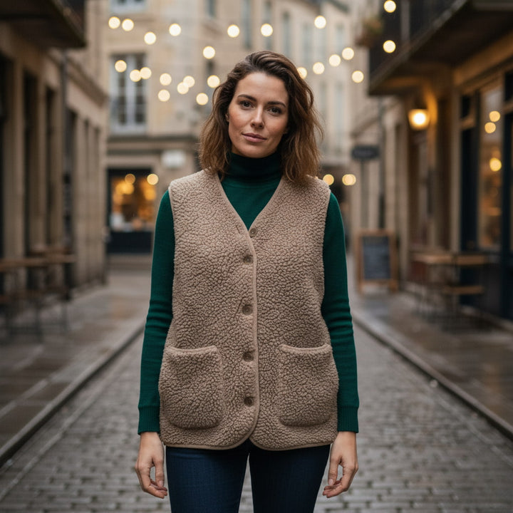 Close-up of the soft sherpa texture on a women's warm sleeveless jacket