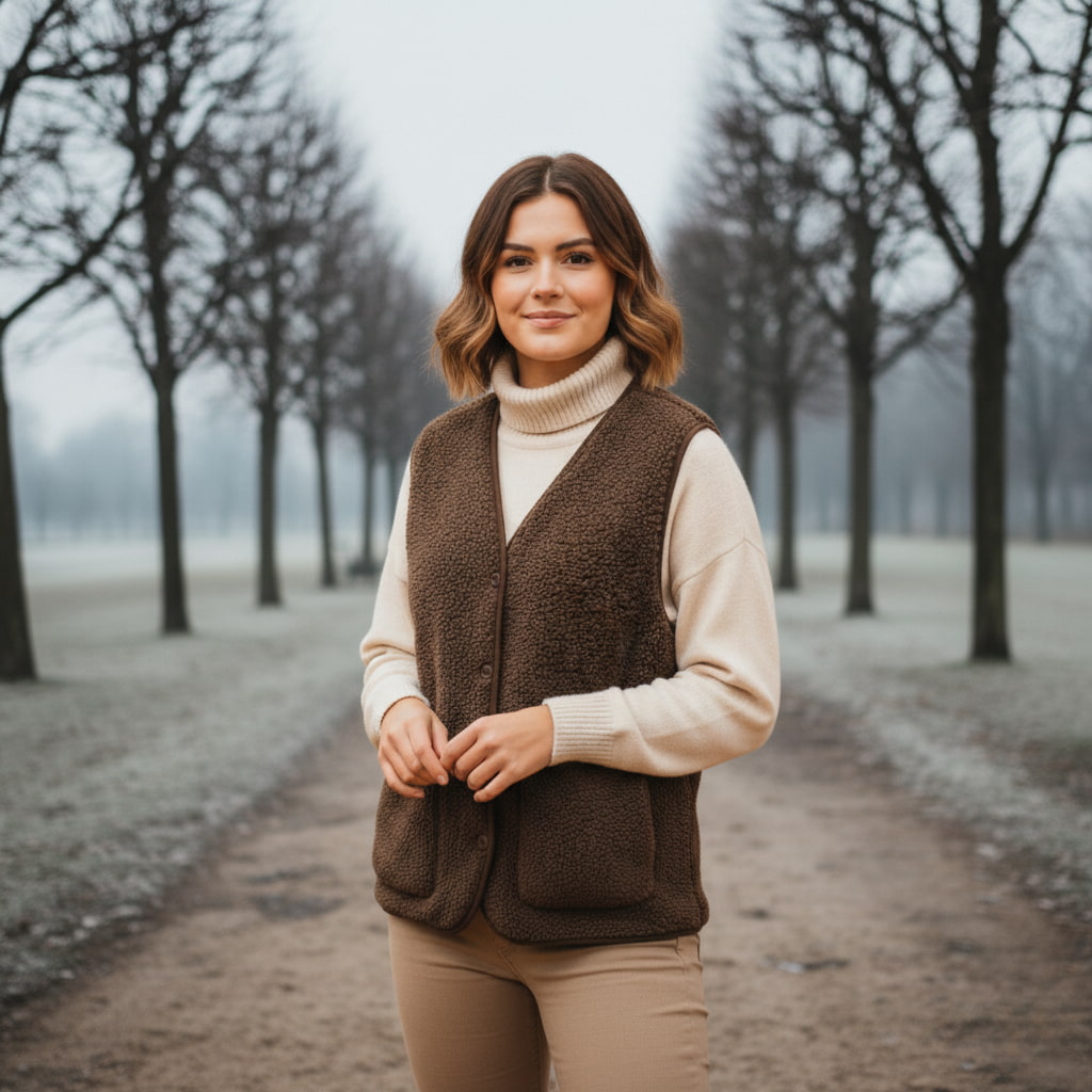 Women's warm vest for casual wear, showcasing its plush sherpa material