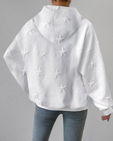 Comfortable long-sleeve white women's hoodie featuring an elegant embossed star pattern.