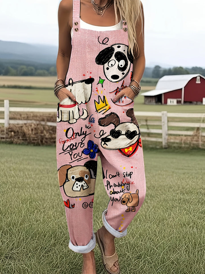 Women's casual wide-leg jumpsuit with playful cartoon dog graphic print & adjustable straps.