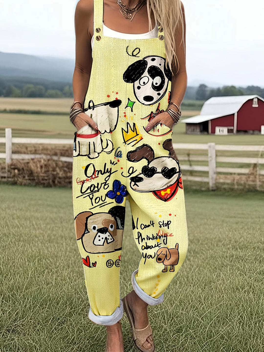 Detailed close-up of the charming cartoon dog graphic print on a women's casual jumpsuit.