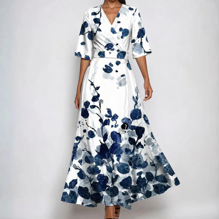 Elegant women's floral print wrap maxi dress with V-neckline & belted waist. Ideal for special occasions, parties & summer.