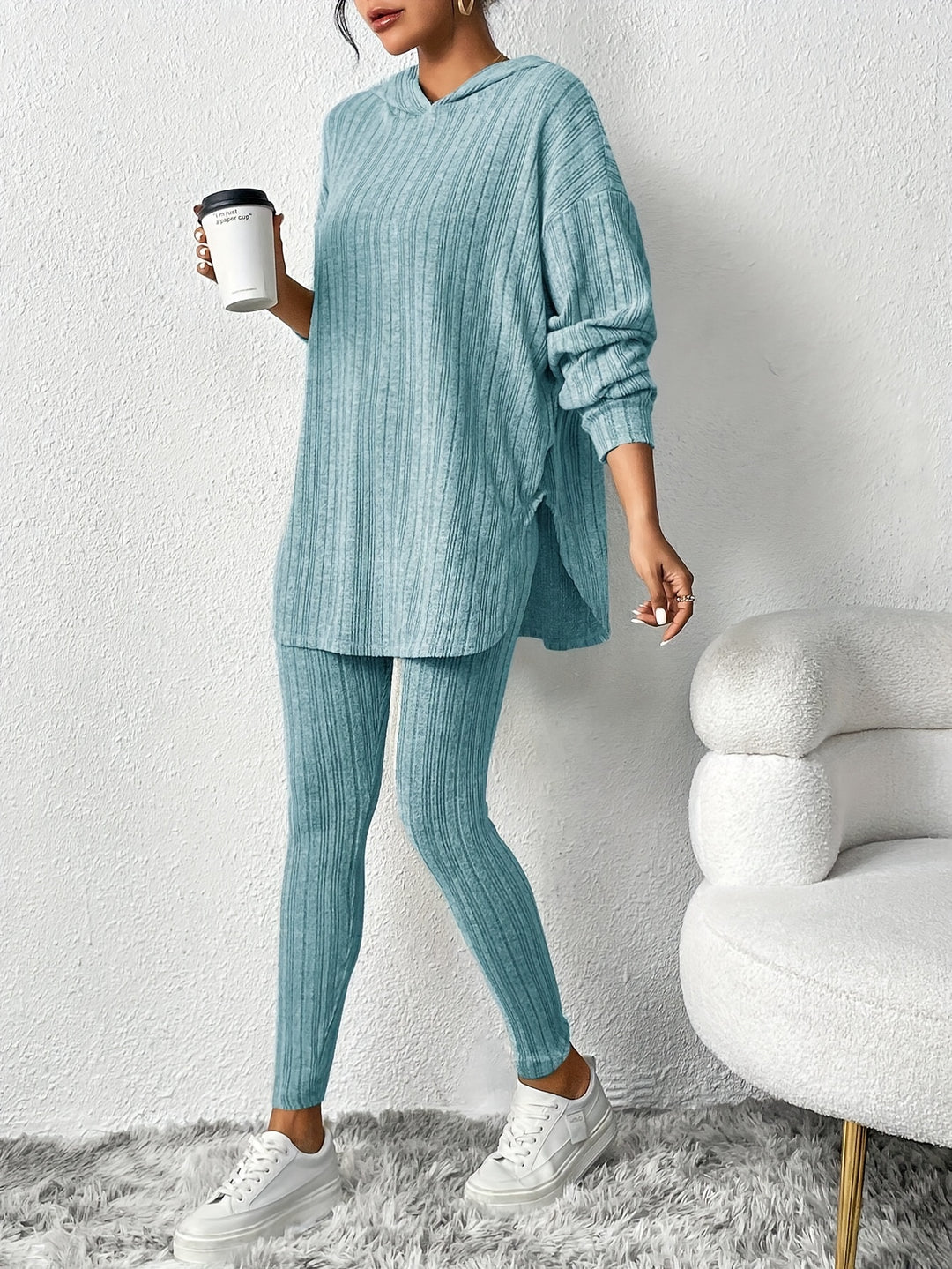Women's charcoal ribbed knit loungewear set; cozy hoodie & leggings combo for casual comfort