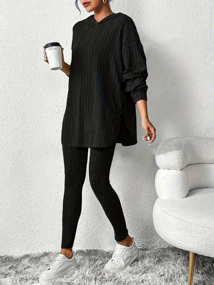 Folded ribbed knit loungewear set, showcasing the soft texture of the hoodie and leggings