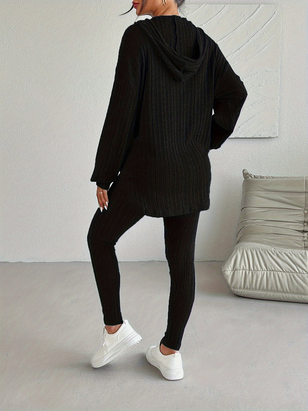 Close-up of the ribbed knit pattern on the sleeve of the women's loungewear hoodie