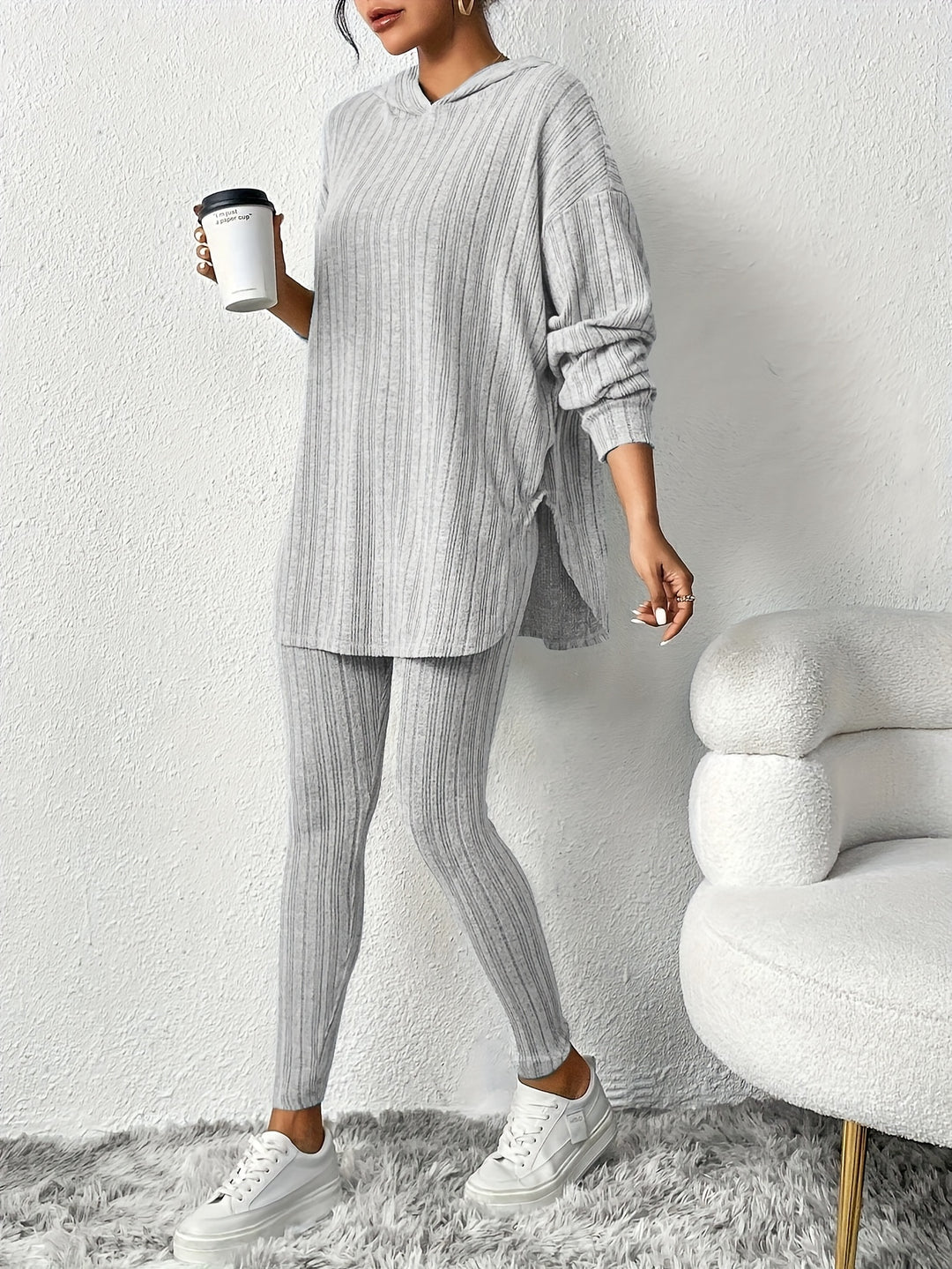Stylish women's ribbed knit loungewear set, ideal for home, yoga, or everyday casual outfits