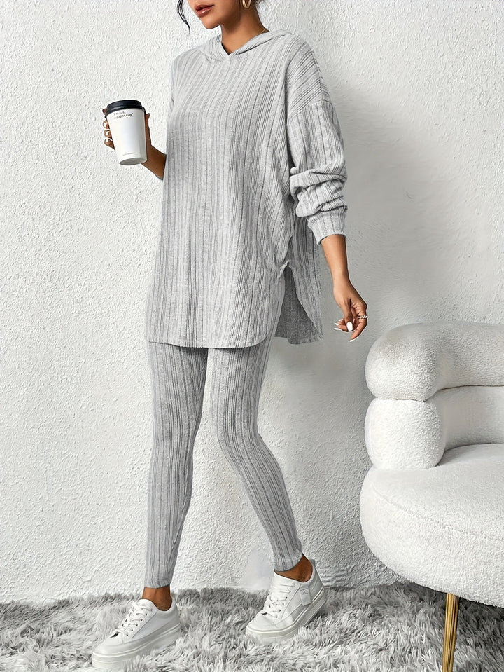 Stylish women's ribbed knit loungewear set, ideal for home, yoga, or everyday casual outfits