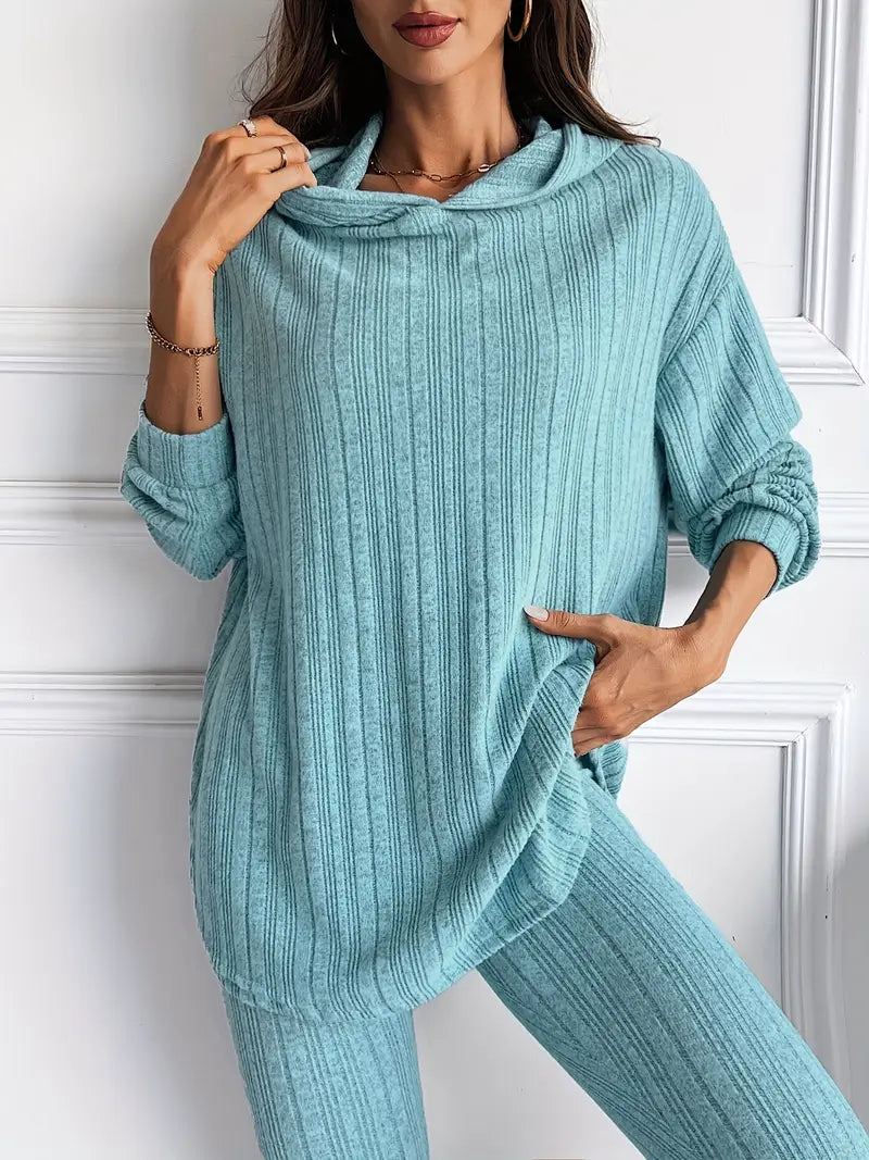 Close-up of women's ribbed knit fabric on loungewear set, showing texture and quality
