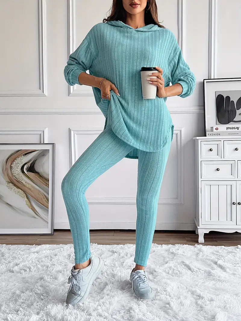Front view of ribbed knit loungewear set for women, including a comfortable hoodie and athletic leggings
