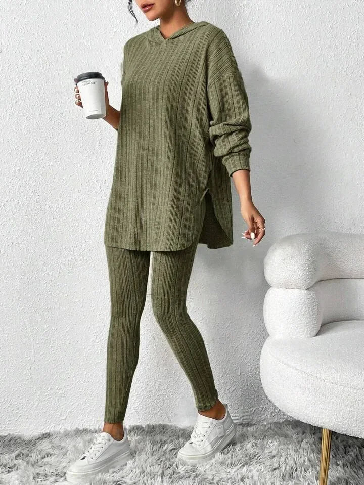 Back view of the women's ribbed knit hoodie and leggings set, highlighting its relaxed fit