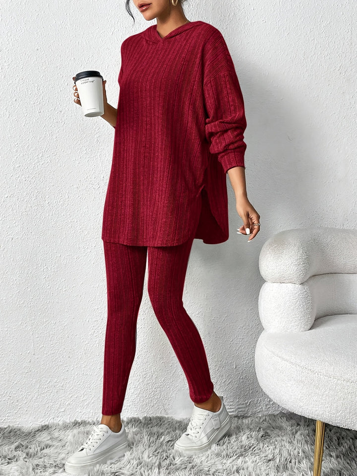 Women's loungewear set: ribbed knit leggings with a high waist, paired with a matching hoody