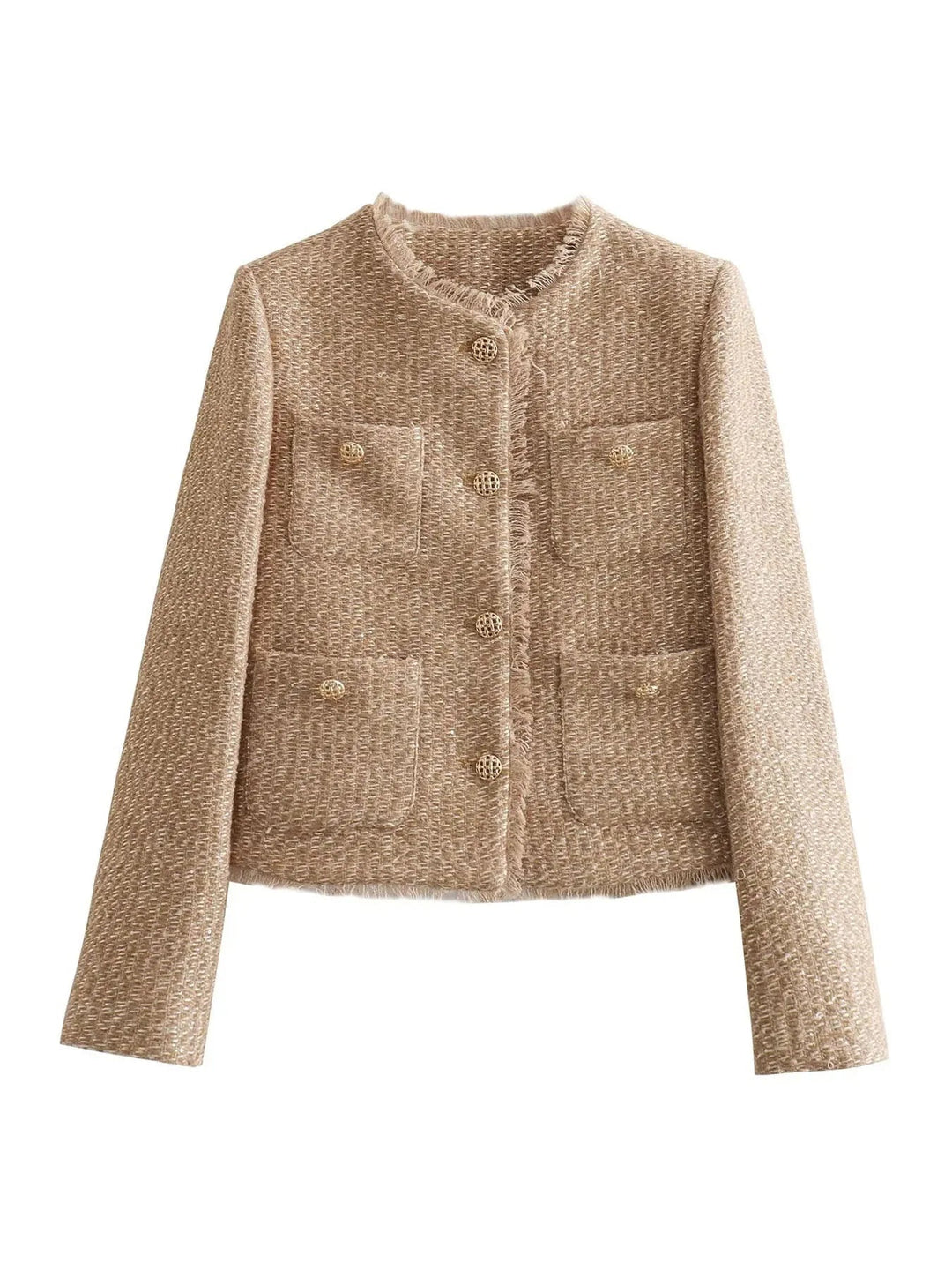 Elegant women's cropped tweed jacket with refined detailing, a versatile fashion outerwear item