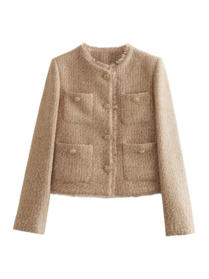 Elegant women's cropped tweed jacket with refined detailing, a versatile fashion outerwear item