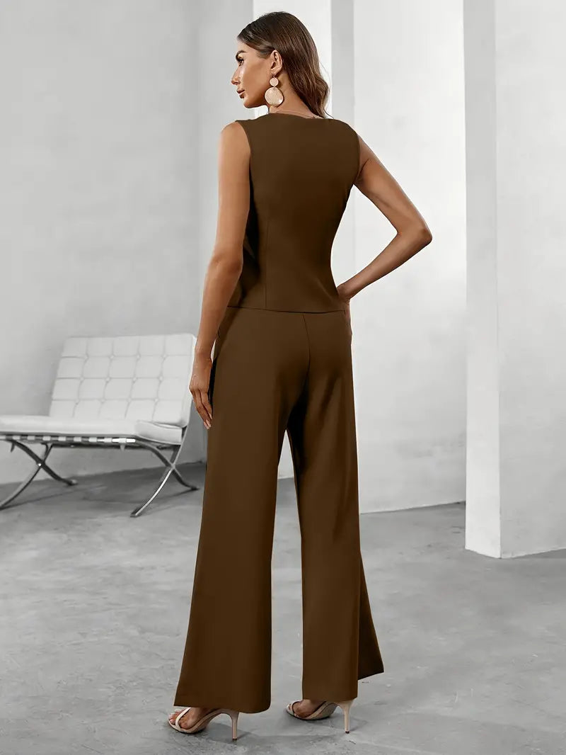 Women's modern two-piece vest and pant co-ord set, featuring a tailored fit for spring attire