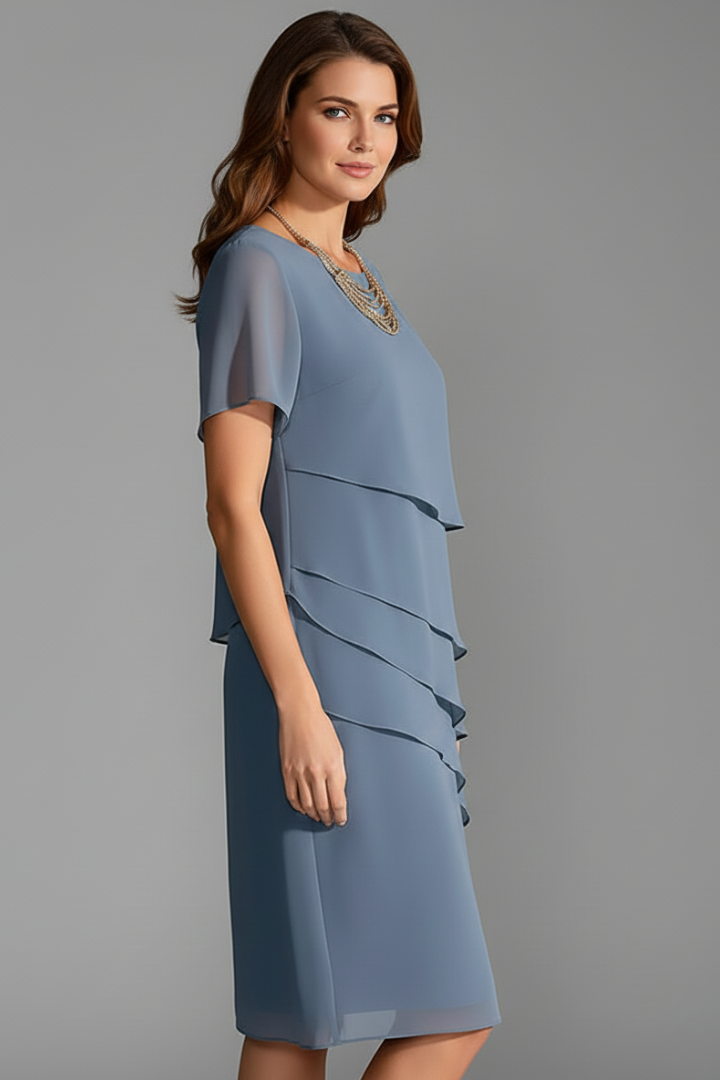 Comfortable women's layered short sleeve knee-length dress, great for spring/summer casual style.