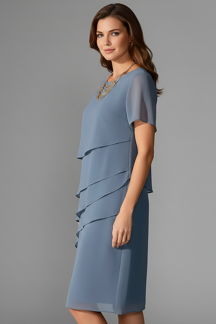 Stylish women's short sleeve dress with layered front design, straight fit, versatile for daily or elegant wear.