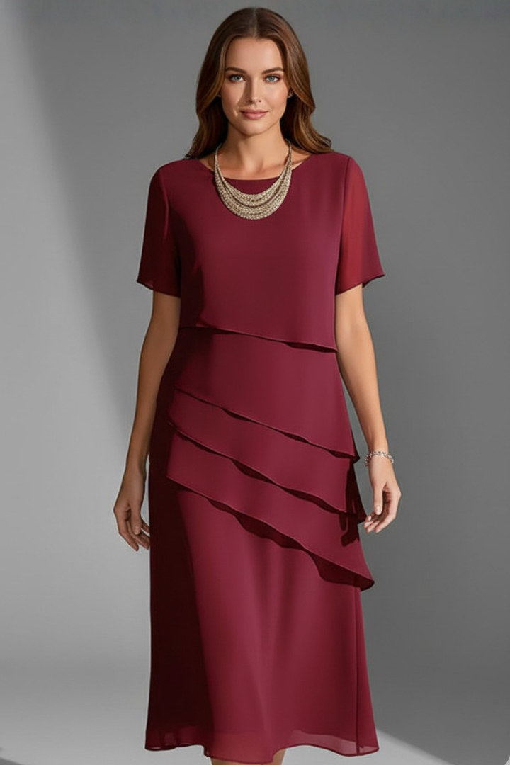 Women's casual short sleeve layered knee-length dress. Elegant straight fit, round neck, perfect for everyday spring/summer.