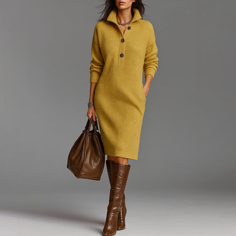 Sophisticated women's midi sweater dress featuring a spread collar, button placket & flattering slim fit for modern style.