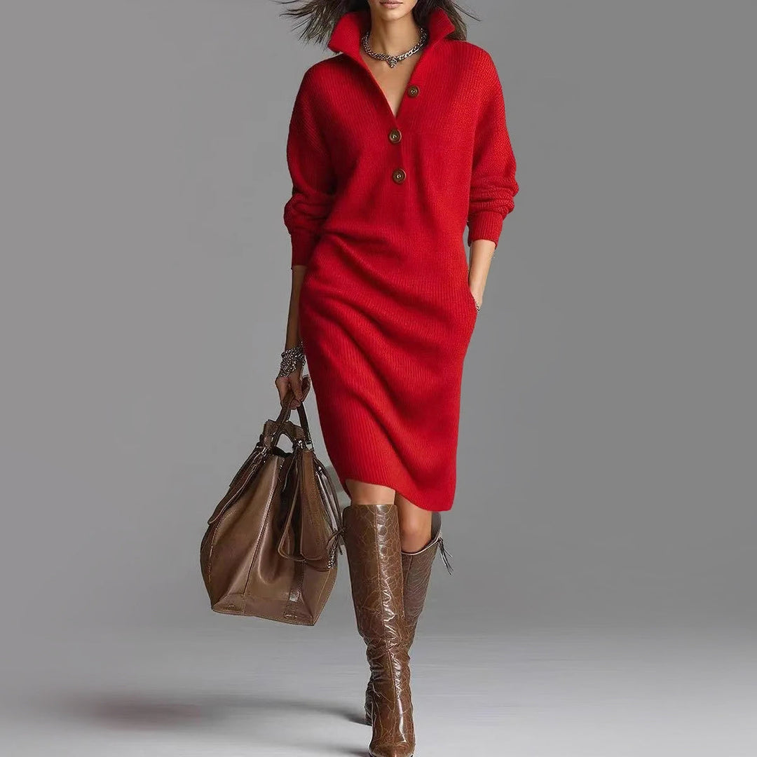 Comfortable & chic women's long sleeve midi sweater dress. Slim fit, spread collar design for elegant fall and winter outfits.