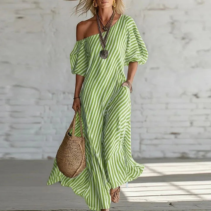 Modern women's striped one-shoulder dress featuring a stylish puff sleeve, ideal for casual summer fashion.