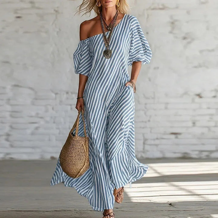 Elegant women's one-shoulder puff sleeve dress, a fashion-forward striped design for any event.