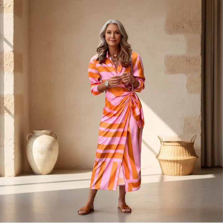 Women's chic printed wrap dress with a flattering silhouette, perfect for versatile summer fashion.